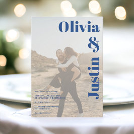 ブルー ボールド ネーム 2 枚の写真 QR コード ウェディング 招待状