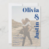 ブルー ボールド ネーム 2 枚の写真 QR コード ウェディング 招待状 (正面)