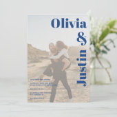 ブルー ボールド ネーム 2 枚の写真 QR コード ウェディング 招待状 (スタンド正面)