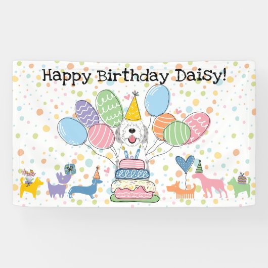 ブルー・マー ル・シープアードゥードル犬の誕生日パーティー 横断幕 (横)