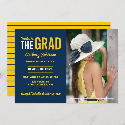 ブルー&メイズ卒業パーティー写真招待状 招待状 (正面/裏面)