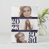 ブルー モダン ユニーク 3パネル フォト 卒業式 招待状 (スタンド正面)