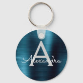 ブルー モダン 偽ステンレススチール モノグラム キーホルダー (正面)