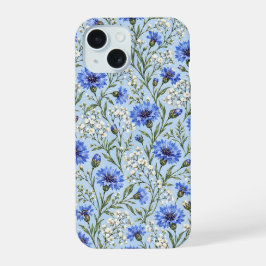 ブルー ヤグルマギクとカスミソウの花 iPhone 15ケース