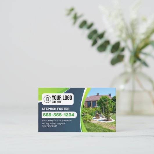 ブルー ライフ ケア ランドスケープ トリミング 芝刈り サービス 名刺 (スタンド正面)