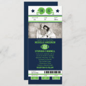 ブルー&ライムグリーンフットボールチケット結婚ズ 招待状 (正面/裏面)