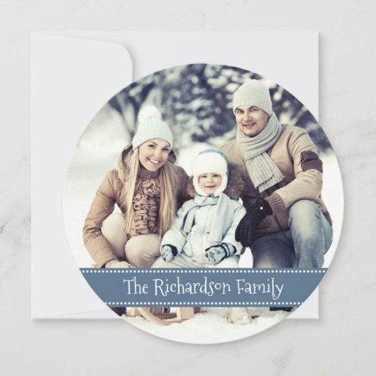 ブルー ラウンド フォト ホリデー フラット カード (正面)