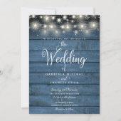 ブルー ラスティック ウッド ウィンター スノー ストリング ライト ウェディング 招待状 (正面)