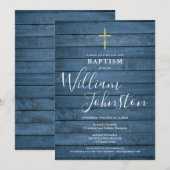 ブルー ラスティック ウッド スクリプト 洗礼 誕生 招待状 (正面/裏面)