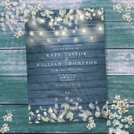 ブルー ラスティック ウッド ストリング ライト グリーンレイ ウェディング 招待状