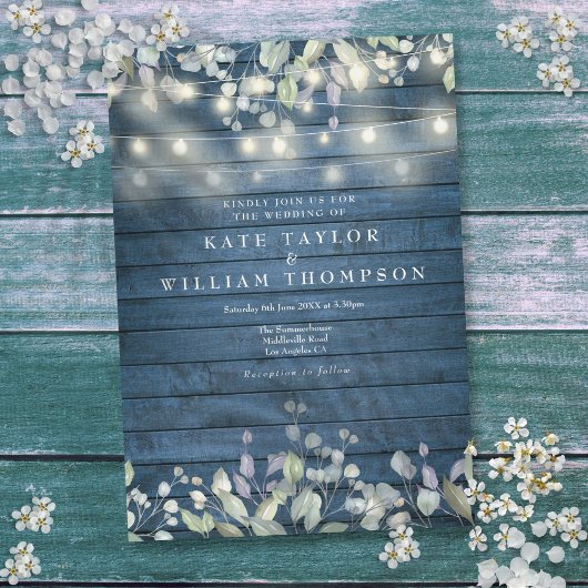 ブルー ラスティック ウッド ストリング ライト グリーンレイ ウェディング 招待状