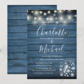 ブルー ラスティック ウッド ストリング ライト メイソンジャー ウェディング 招待状 (正面/裏面)