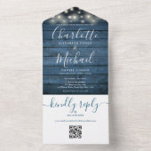 ブルー ラスティック ウッド ストリング ライト QR コード ウェディング オールインワン招待状 (内側)