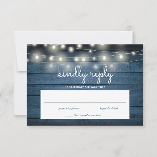 ブルー ラスティック ウッド パネル ストリング ライト 出欠カード (正面)