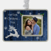 ブルー ラスティック クリスマス シカ フレーム ファースト シルバープレートフレームオーナメント (正面)