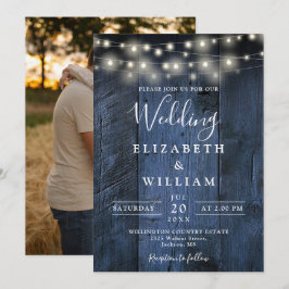 ブルー ラスティック バーン ウッド ストリング ライト フォト ウェディング 招待状