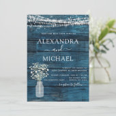 ブルー ラスティック ファームハウス ベイビーズ ブレス ジャー ウェディング 招待状 (スタンド正面)