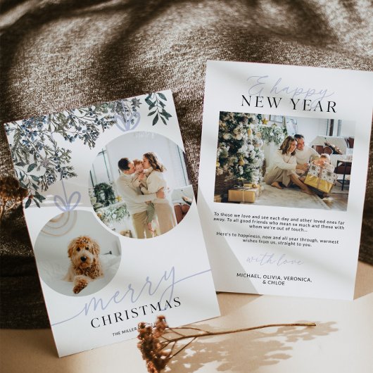 ブルー ラスティック 水彩グリーン ファミリー フォト シーズンカード