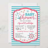 ブルー&ラズベリーレッド航海のベビーシャワー 招待状 (正面)