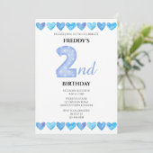ブルー ラブ ハーツ 2歳の誕生日写真 招待状 (スタンド正面)