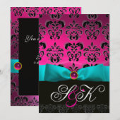 ブルー リボン ピンク フューシャ ブラック ダマスク モノグラム 招待状 (正面/裏面)