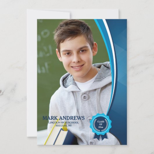 ブルー リボン 卒業生 フォト アナウンスメント 案内状 (正面)