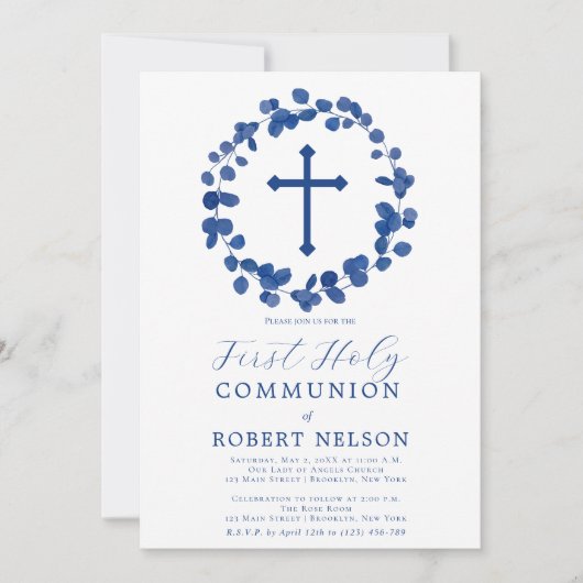 ブルー リーフ ボーイズ ファースト コミュニオン 招待状 (正面)