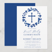 ブルー リーフ ボーイズ ファースト コミュニオン 招待状 (正面/裏面)