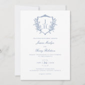 ブルー レジェンシー フローラル クレスト モノグラム ウェディング 招待状 (正面)