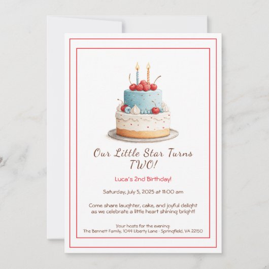 ブルー&レッドお誕生日ケーキ- 2nd Birthday招待状 招待状 (正面)