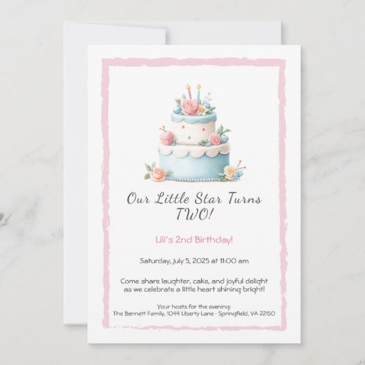 ブルー&レッドお誕生日ケーキ- 2nd Birthday招待状 招待状 (正面)