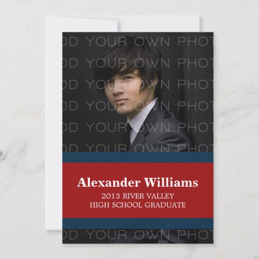 ブルー/レッドスクールカラーストライプ招待状 招待状 (正面)