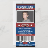 ブルー/レッドホッケーチケット誕生日パーティー 招待状 (正面)