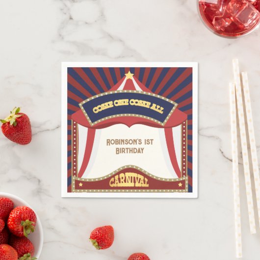 ブルー&レッドレトロカーニバル誕生日 スタンダードカクテルナプキン (インサイチュ)