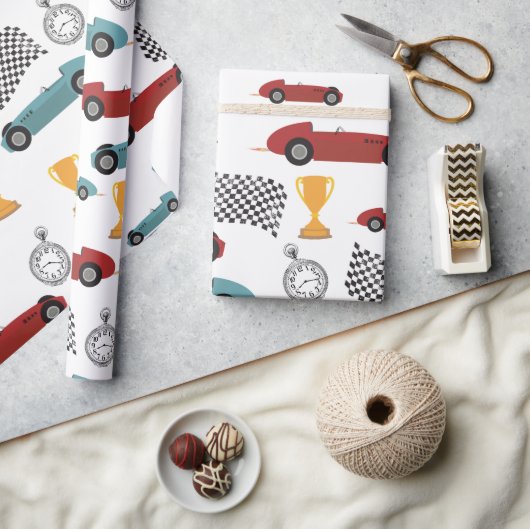 ブルー&レッド高速レトロヴィンテージレーシングカー ラッピングペーパー (クラフト)