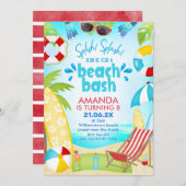 ブルー レッド サマー ビーチ バッシュ 誕生日 招待状 (正面/裏面)