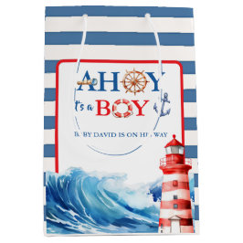 ブルー レッド ネイバーフッド アホイ ボーイ ライトハウス ベビーシャワー ミディアムペーパーバッグ