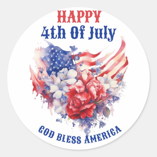 ブルー レッド ハッピー 4th of July 水彩画 ラウンドシール (正面)