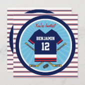 ブルー・レッド・ホワイト アイスホッケー ジャージー バースデーパーティー 招待状 (正面/裏面)