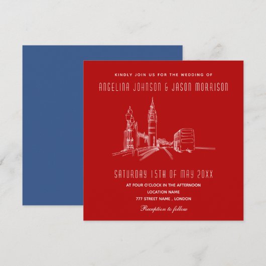 ブルー レッド ロンドン ウェディング インビテーション (正面/裏面)