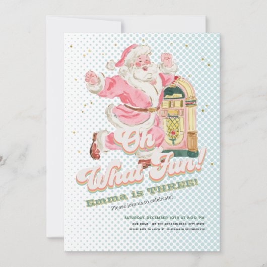 ブルー レトロ サンタ テーマの楽しい女の子の誕生日 招待状 (正面)