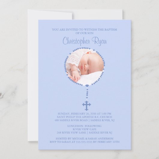 ブルー ロザリオ クロス フォト 洗礼 誘導 少年 招待状 (正面)