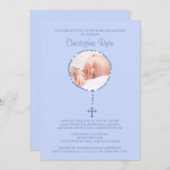 ブルー ロザリオ クロス フォト 洗礼 誘導 少年 招待状 (正面/裏面)