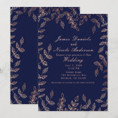 ブルー&ローズゴールド グラム ボタニカル エレガント ウェディング 招待状 (正面/裏面)