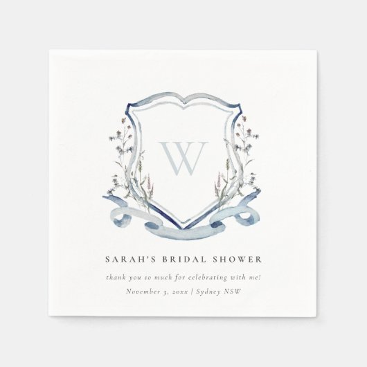 ブルー ワイルドフラワー ウォーターカラー クレスト ブライダル シャワー スタンダードカクテルナプキン (正面)