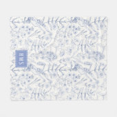 ブルー ワイルドフラワー ボタニカル モノグラム フリースブランケット (正面(横))