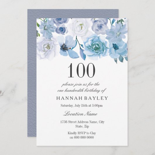 ブルー ワンダーランド グレー フラワー 100歳の誕生日招待状 招待状 (正面/裏面)