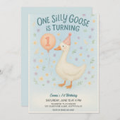 ブルー ワン シリー グース 1歳の誕生日 女の子用 招待状 (正面/裏面)