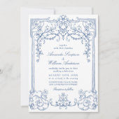 ブルー ヴィクトリアン オルネイト グレイス フローラル フレンチ ウェディング 招待状 (正面)