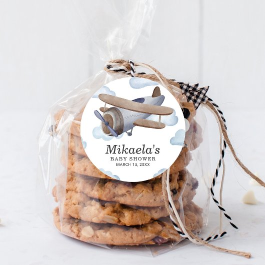 ブルー ヴィンテージ飛行機ベビーシャワー感謝 ラウンドシール